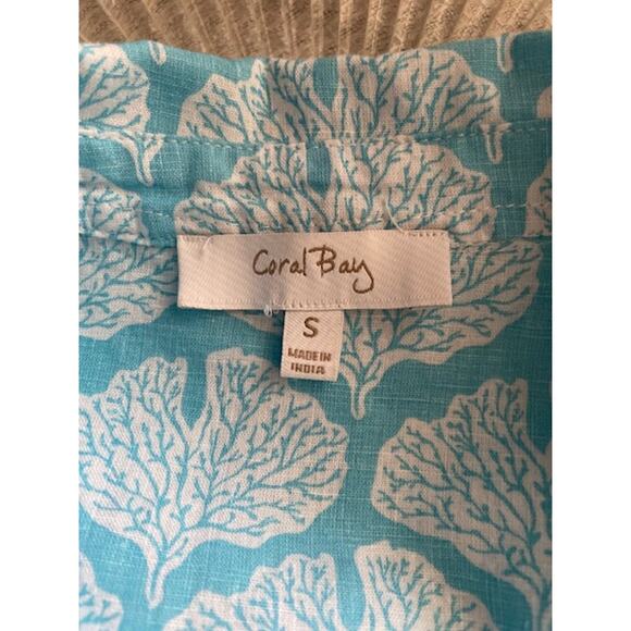 Coral Bay Size Small Linen Sleeveless Button Front Shirt Turquoise & White - Picture 5 of 6